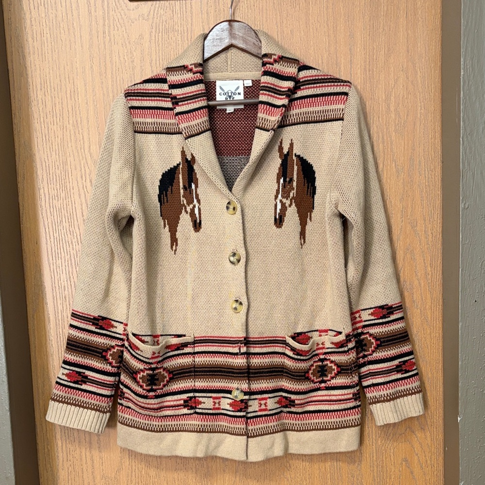 Beige Western Horse Intarsia Cardigan Sweater
